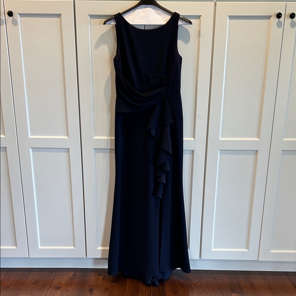 Betsy & Adam Navy Sleeveless Ruffled Gown